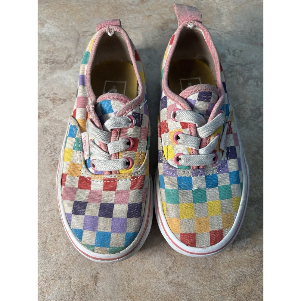 Vans Kids Rainbow Checkerboard Canvas Sneakers Size 10.5C Pink Trim Low Top